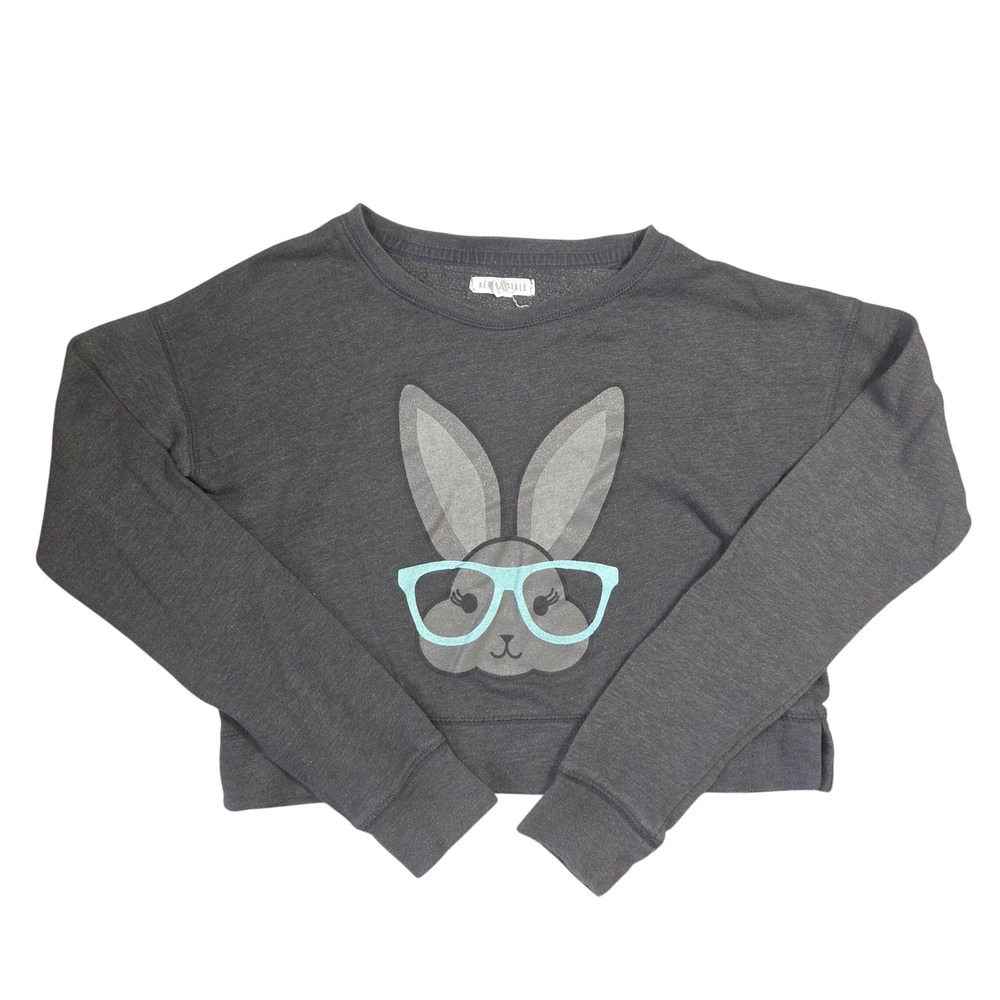 Aeropostale Womens Medium Charcoal Grey‎ Bunny with Glasses Cropped Sweatshirt